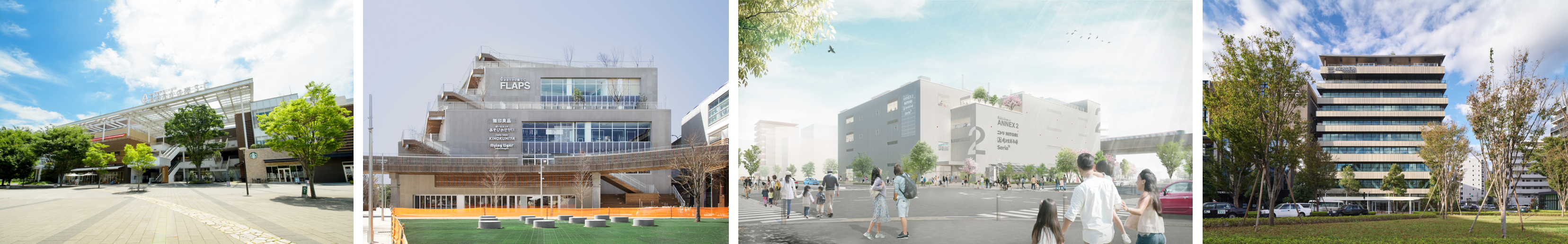 （左から）流山おおたかの森S・C、流山おおたかの森S・C FLAPS、流山おおたかの森S・C ANNEX2、NAGAREYAMA おおたかの森 ARDENSアゼリアテラス