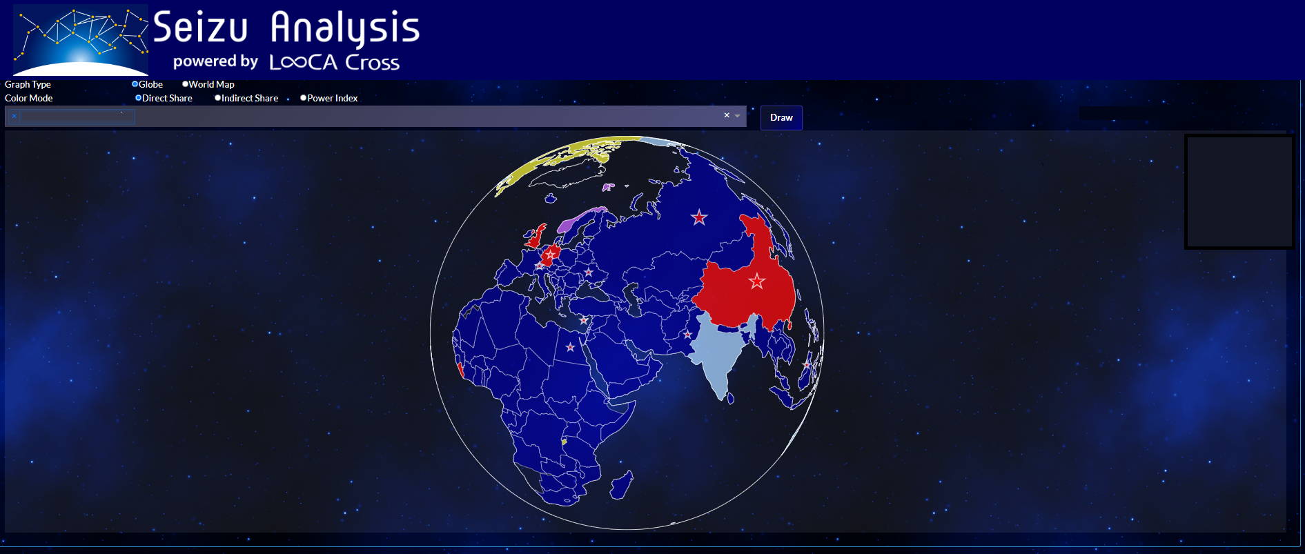 図1. 従来の計算方法で直接的な持ち株支配を解析した画面。 直接支配をされている企業がある国を赤く表示している。