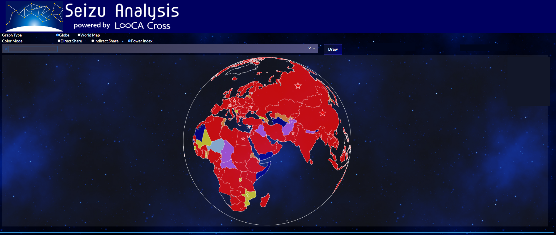 図2. 今回特許査定を取得したPower Indexで解析した画面。 実効支配されている企業がある国を赤く表示している。