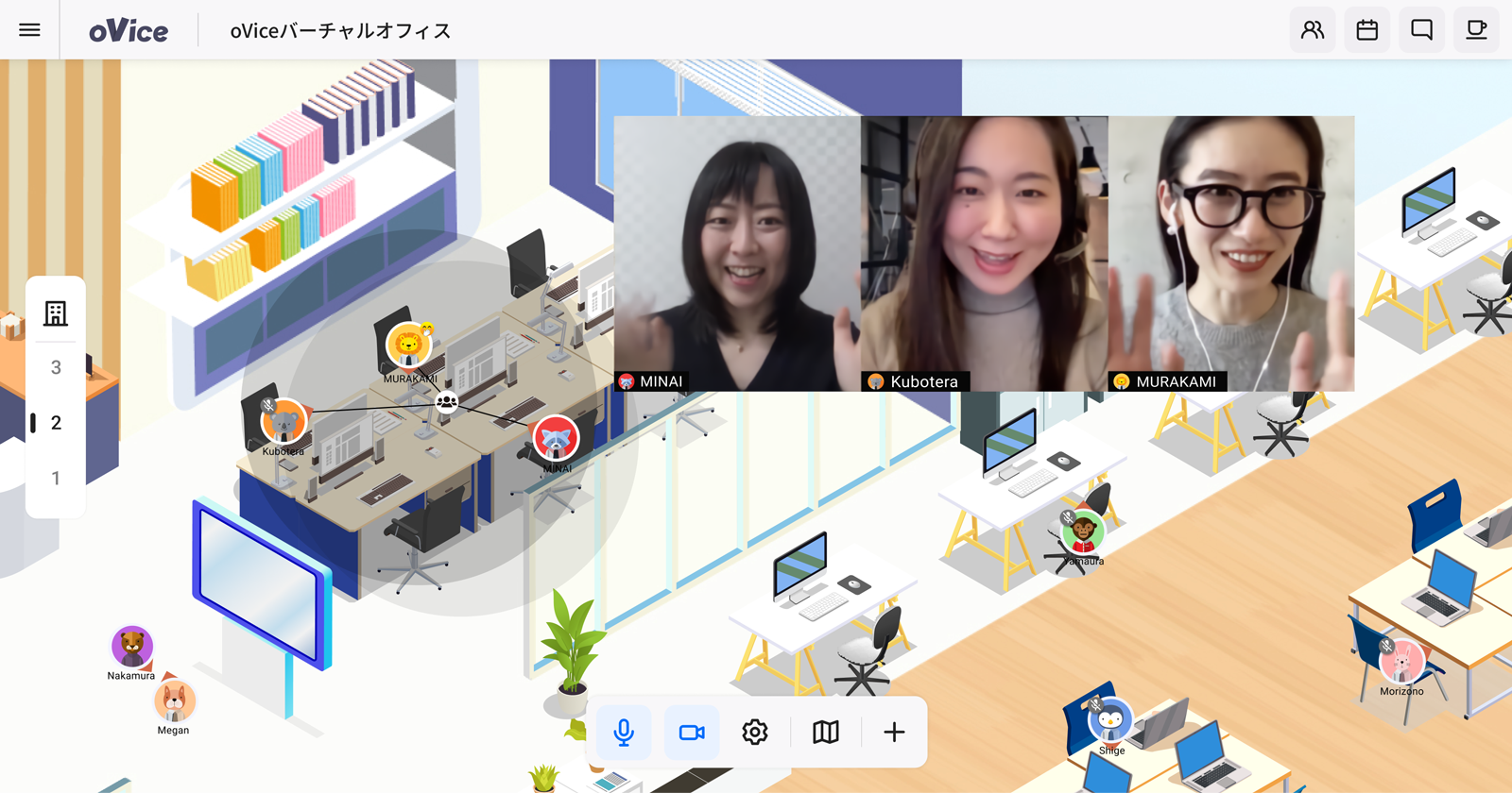 ２Dのバーチャル空間サービス「oVice」のイメージ。 対面と同じように距離感も感じることができるのが特徴