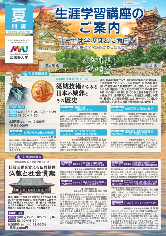 【武蔵野大学】人生は学ぶほどに面白い 生涯学習、夏期の企画講座! 工学部建築デザイン学科 佐藤 桂教授プロデュース 「築城技術からみる日本の城郭とその歴史」を8月18日より開催 【武蔵野大学】人生は学ぶほどに面白い 生涯学習、夏期の企画講座! 工学部建築デザイン学科 佐藤 桂教授プロデュース 「築城技術からみる日本の城郭とその歴史」を8月18日より開催