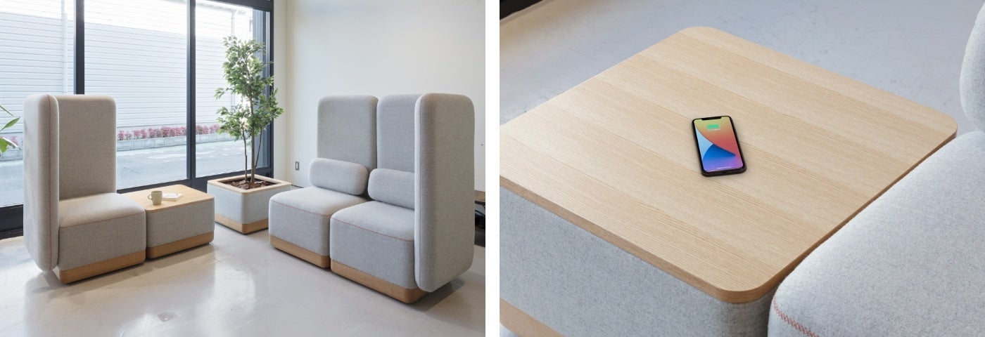 写真左：TOFFEEハイバック・テーブルユニット・プランターユニット、写真右：テーブルユニットワイヤレス充電イメージ