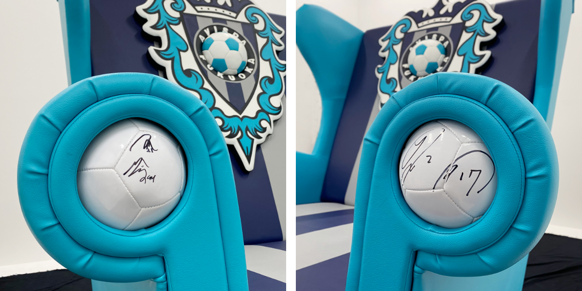 アーム部分に埋め込まれたサインボール（左下から：森山選手・山ノ井選手・湯澤選手・渡選手）