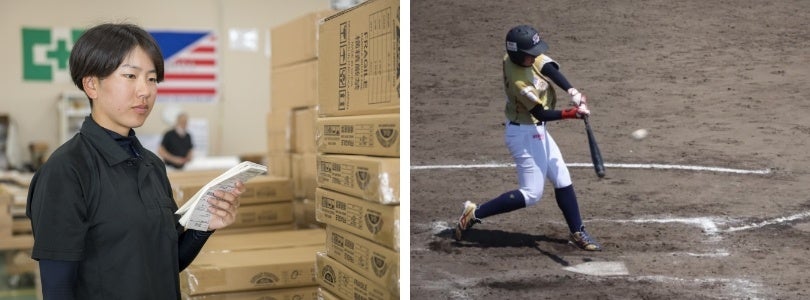 （写真左）生産部物流セクションで働く田嶌選手｜（写真右） 試合中の田嶌選手