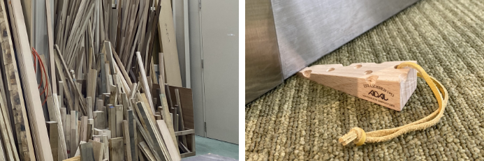 （左）端材置き場、（右）木端材を活用したドアストッパー、