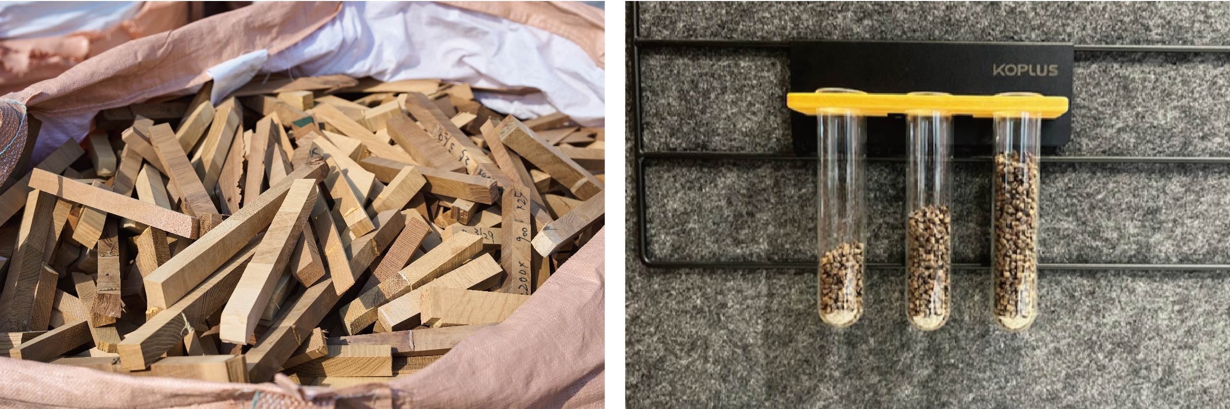 写真左：木端材、写真右：粉塵と樹脂を融合したペレット