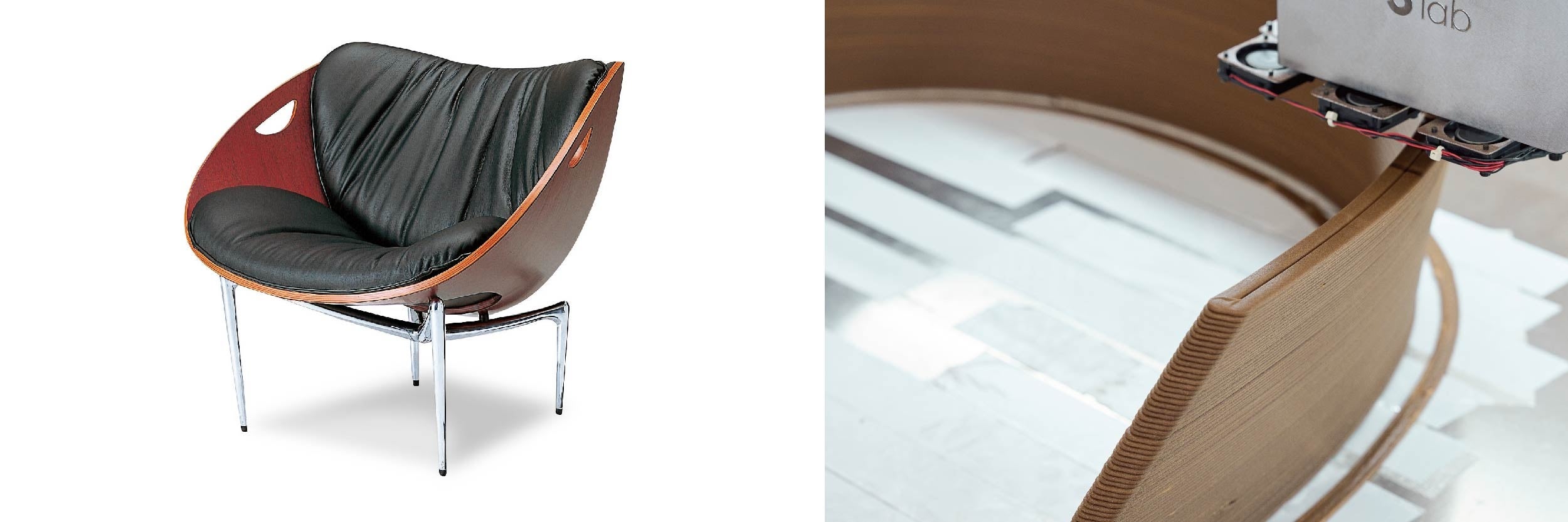 写真左：リンクラウンジ、写真右：リンクラウンジ2.0座面部の3Dプリンター射出の様子