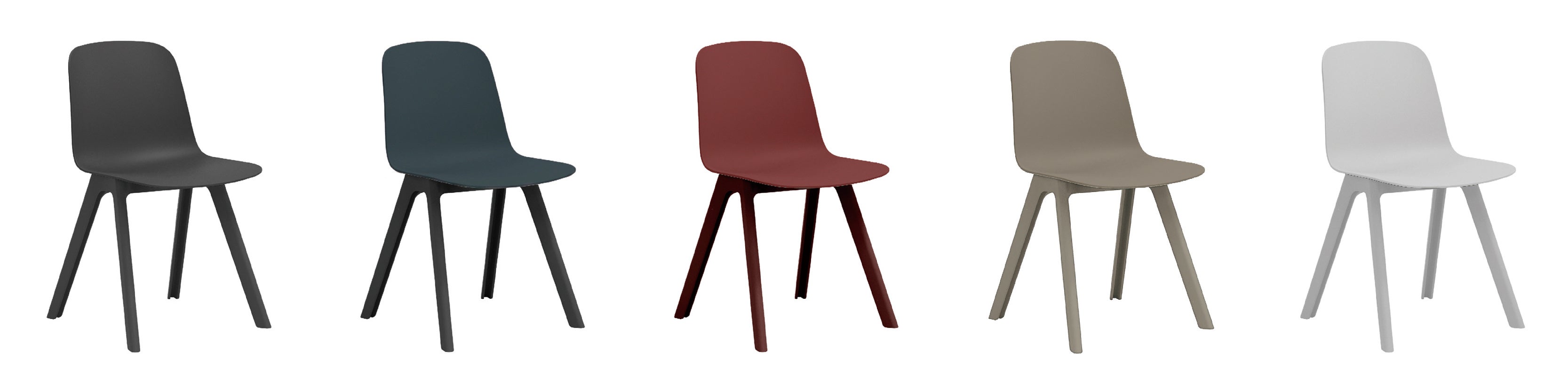 （左から、カーボンブラック・ネイビーブルー・ワインレッド・ウォームグレー・オフホワイト）