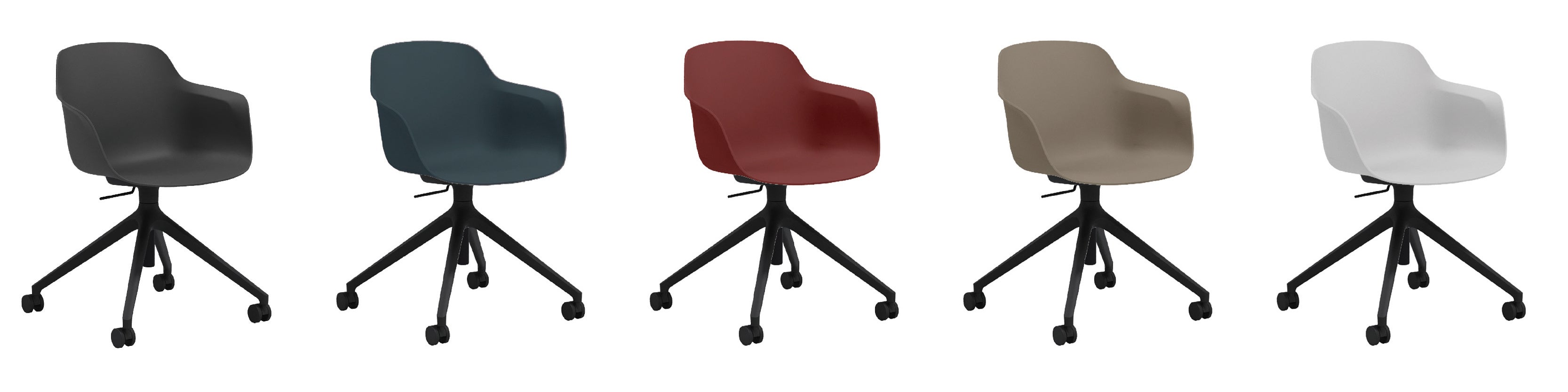 （左から、カーボンブラック・ネイビーブルー・ワインレッド・ウォームグレー・オフホワイト）