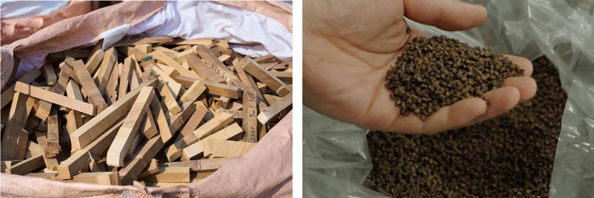 写真左：木廃材、写真右：粉塵と樹脂を融合したペレット