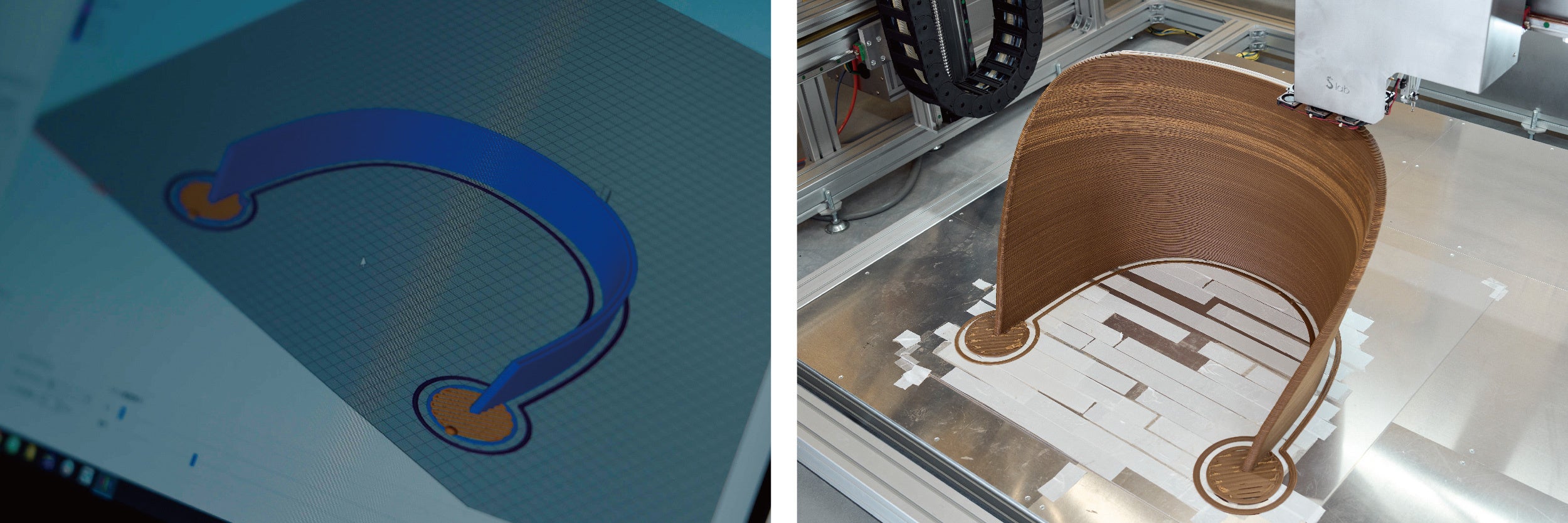 写真左：リンクラウンジ2.0の3Dデータ、写真右：3Dプリンターで射出中のラウンジシェル部材