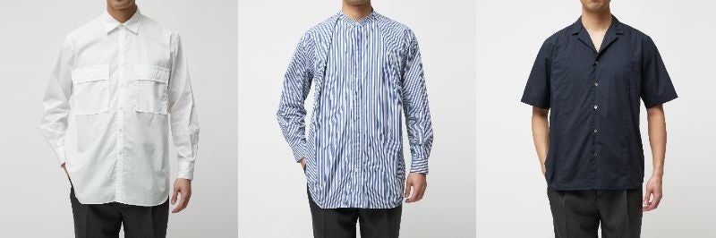 ダブルポケットシャツ　27,500円(税込)　　インプリーツスタンドカラーロングシャツ　26,400円(税込)　　オープンカラーショートスリーブシャツ　23,100円(税込)