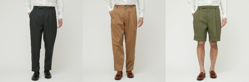 2アウトプリーツスラックス　30,800円(税込)　　3アウトプリーツサテンスラックス　30,800円(税込)　　2アウトセットプリーツチノショーツ　26,400円(税込)