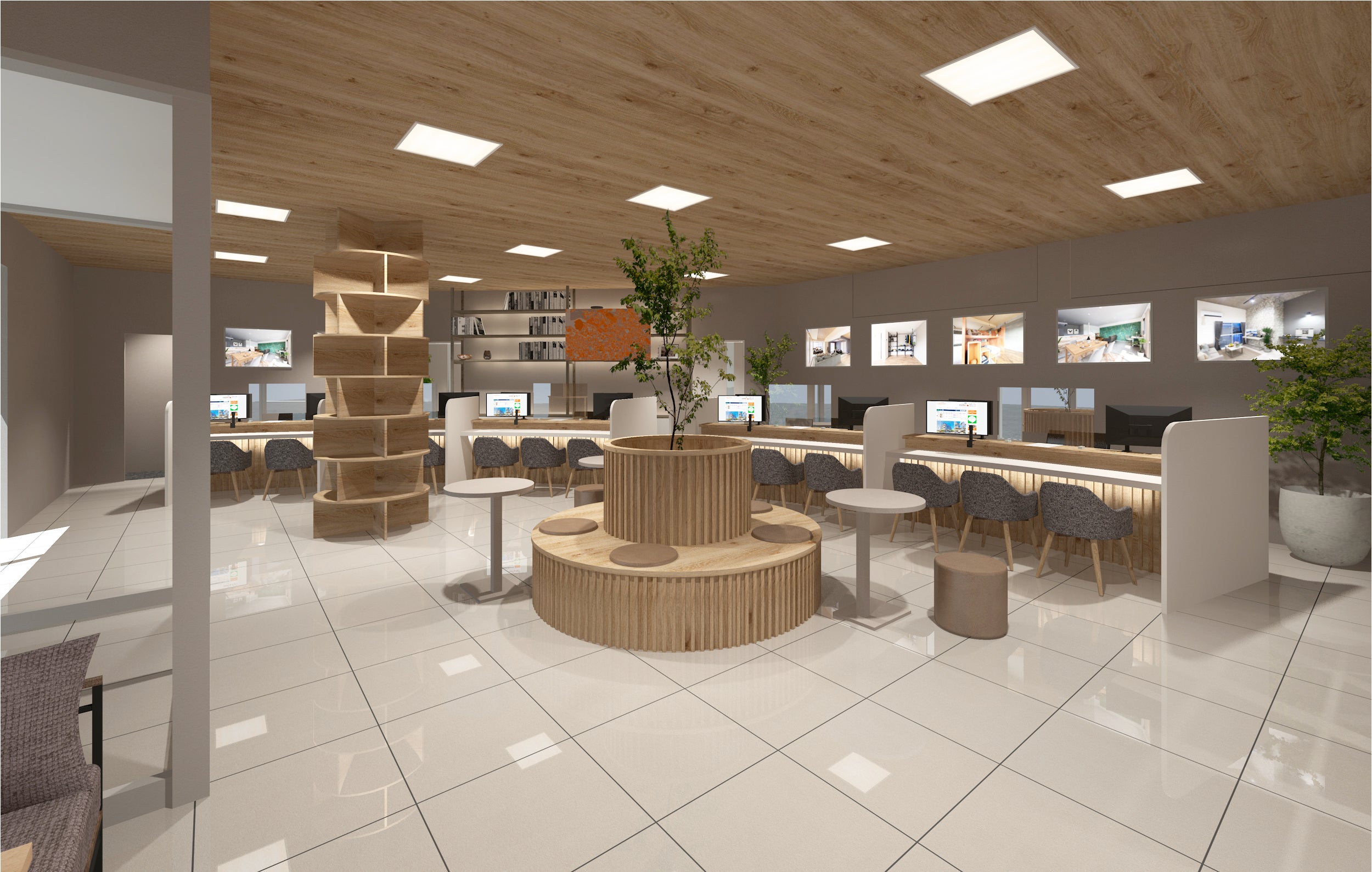 木目を基調したカフェのような店内に