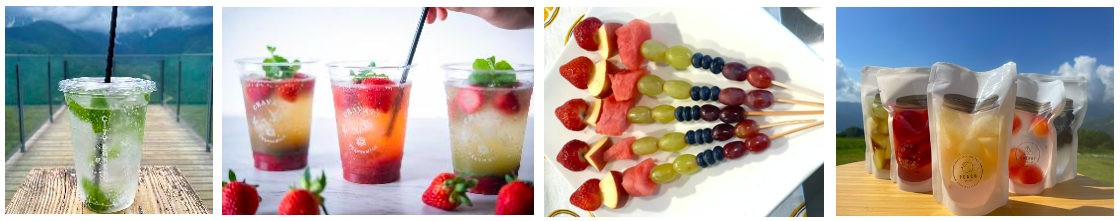 （左から）THE CITY BAKERYの「ミントソーダ」、CHAVATY HAKUBAの「ストロベリーティーソーダ」、Hakuba DELIの「信州フルーツオールスタースティック」、「信州ブランド フルーツゼリー」