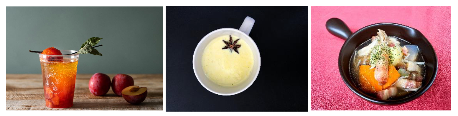 （左から）CHAVATY HAKUBAの「プラムジェリーティーソーダ」、Skyark DECK CAFÉの「HAKUBA MOON MILK」、Hakuba DELIの「秋の味覚ポトフ」のイメージ