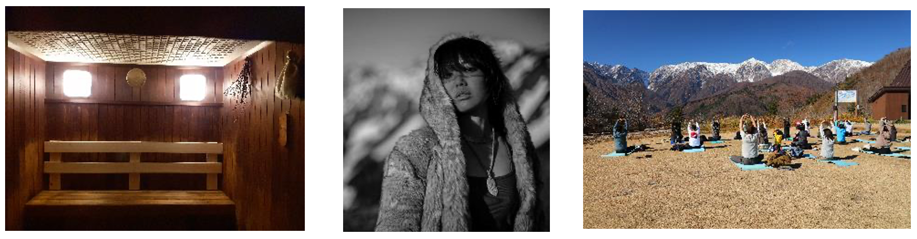 （左）クロモジサウナ　（中）Moi　（右）絶景手ぶらリラックスヨガ