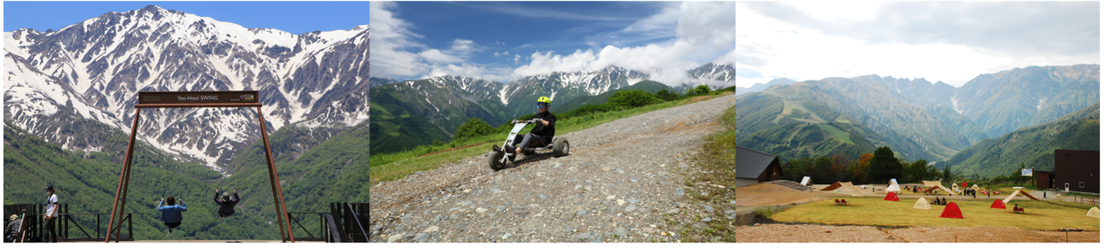 写真左：ヤッホー！スウィング presented by にゃんこ大戦争／写真中：マウンテンカート／写真右：白馬ヒトトキノモリ