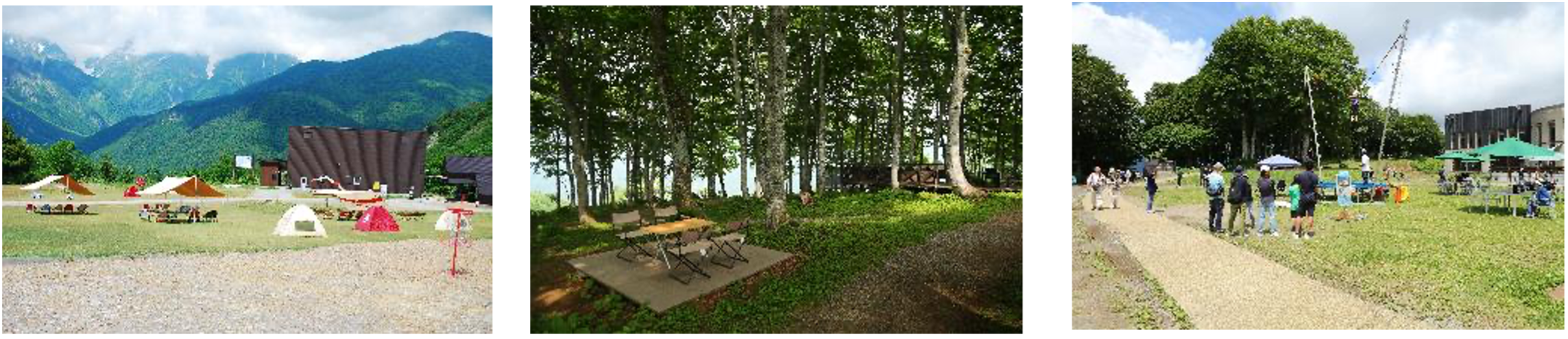 （左から）白馬ヒトトキノモリ、山頂ブナ林エリア、山頂芝生広場