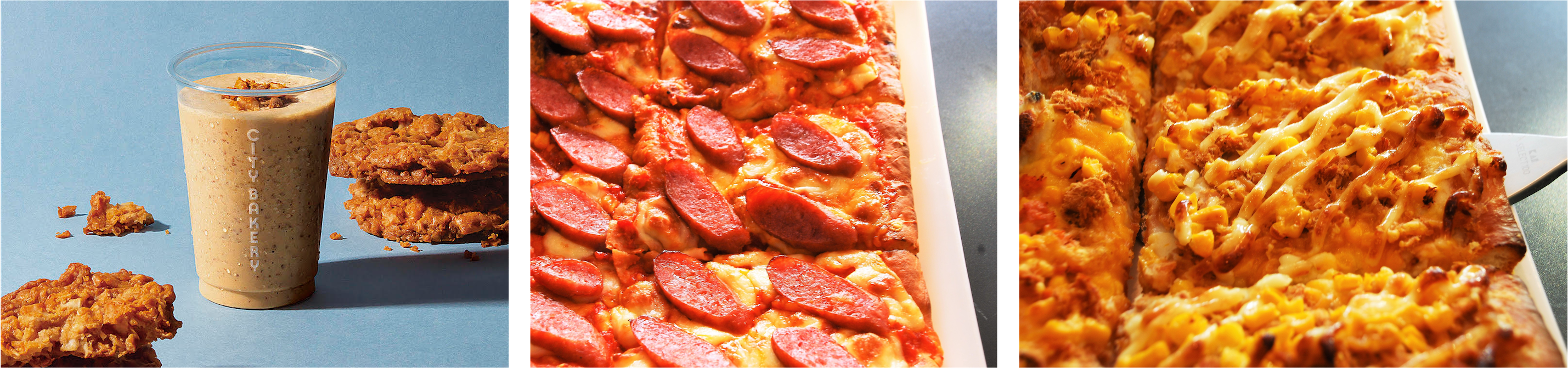 （左上から）CBクッキーシェイク ココナッツキャラメル、信州豚ソーセージのフォカッチャピザ、ツナコーンポテマヨのフォカッチャピザ
