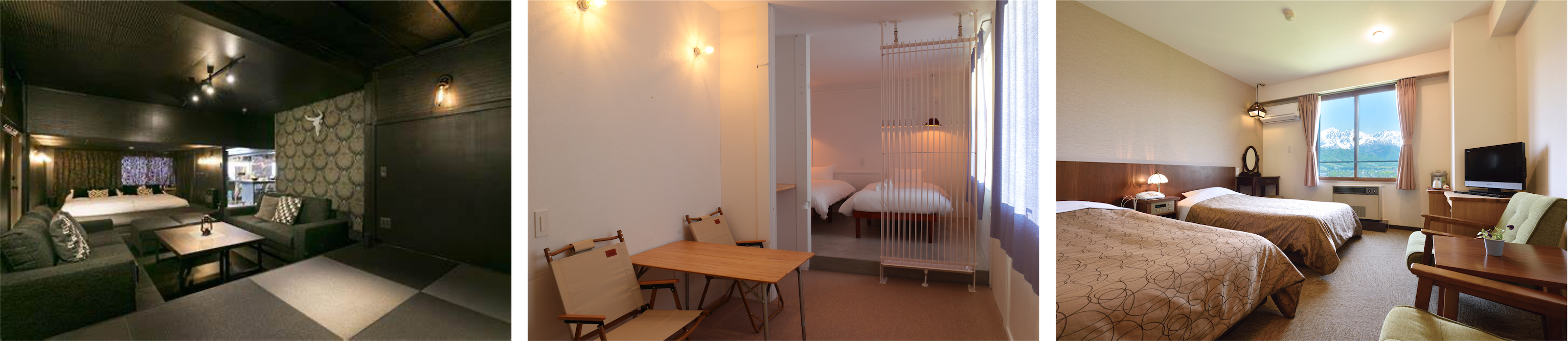 （左から）旅籠丸八、Funny hours Hakuba、白馬ハイランドホテル