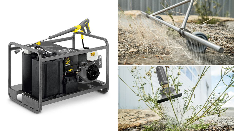 左：エンジン式温水高圧洗浄機HDS 1000 DE WEED、右上：除草ノズル（WR 100）、右下：除草ノズル（WR 10）