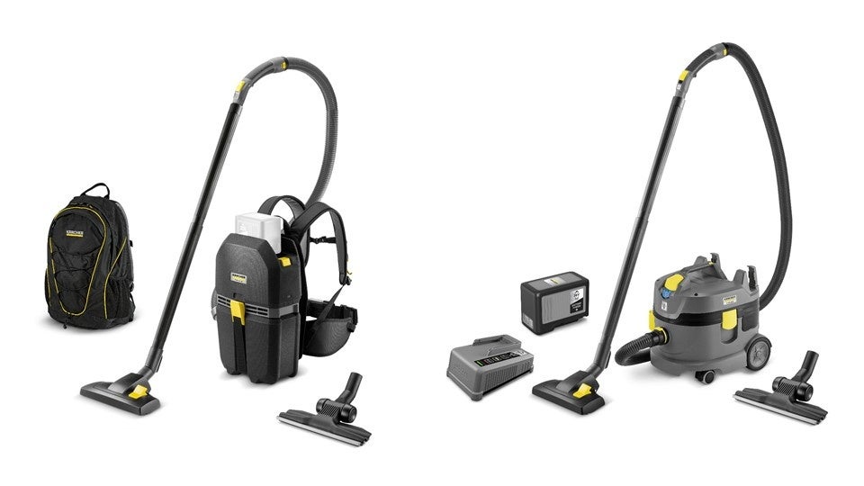 左：コードレス背負式クリーナー BVL 5／1 Bp + 軽ノズル + リュックセット、右：ドライクリーナー T 9／1 Bp + バッテリー + 充電器 + 軽ノズルセット