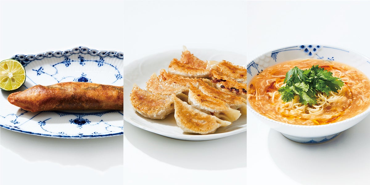 左より、和良鮎の春巻き、餃子、酸辣湯麵