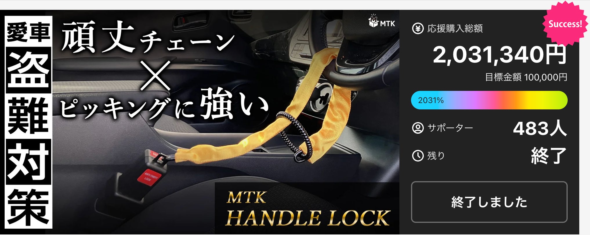 クラウドファンディング2031%達成!防犯アイテム『MTK ハンドルロック クラウドファンディング2031%達成!防犯アイテム『MTK ハンドルロック