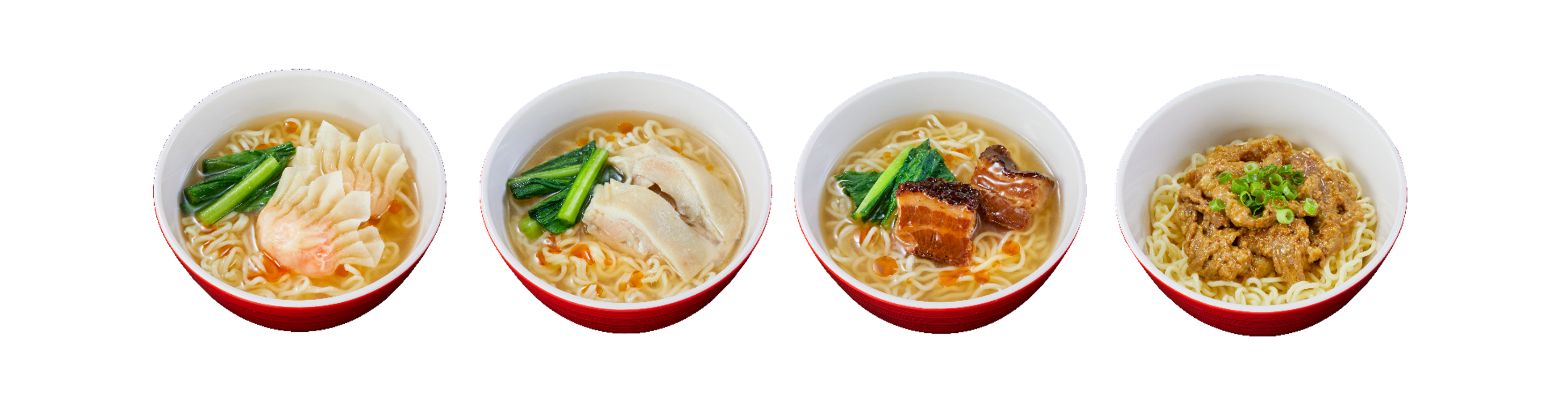 左から　海老ワンタン麺／鶏そば／角煮麺／サテビーフ麺