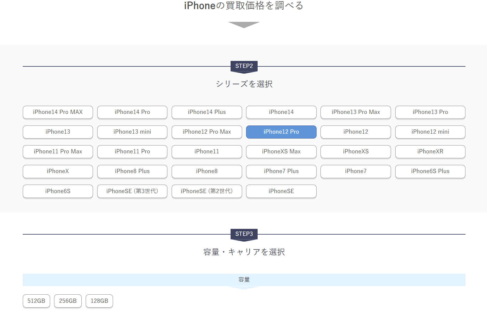買取する機種をドリルダウンしていく形式「スマホカルテPro」