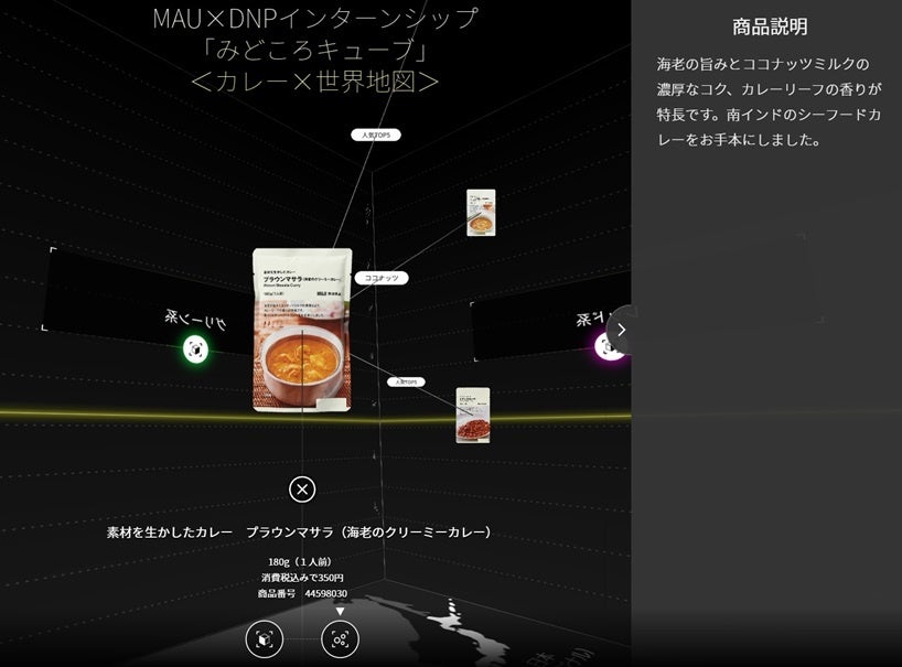 MAU×DNPインターンシップ「みどころキューブ」 ＜商品選択画面＞ 商品をクリックすると詳しい情報を知ることができます。また、つながりを辿ることで関連のある商品を探すことができます。