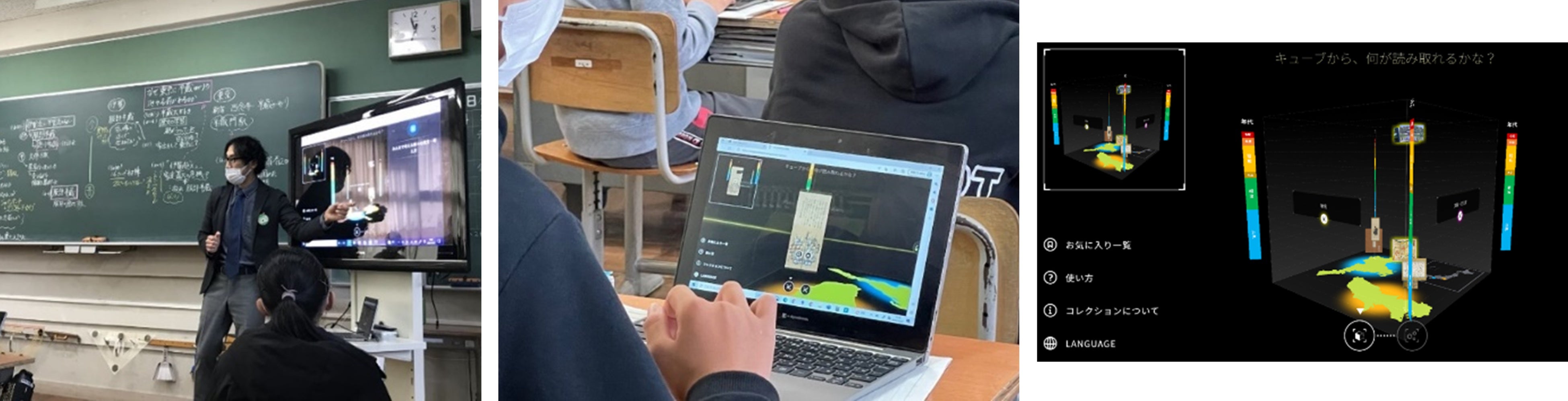 「みどころキューブ®」を使った授業風景（左・中央）と画面イメージ（右）