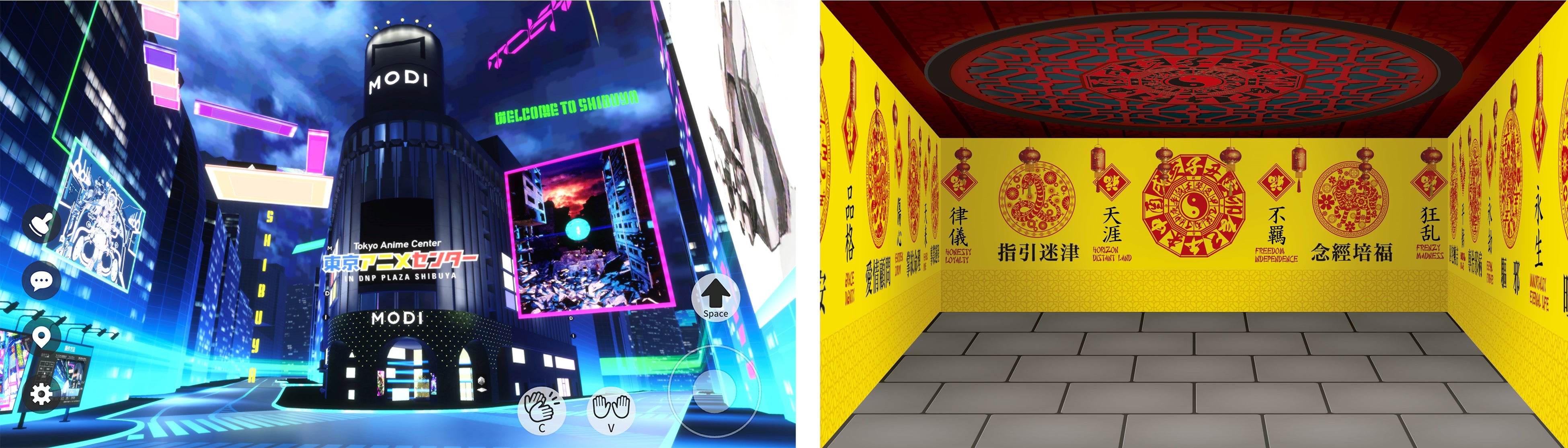 バーチャル東京アニメセンター（左）・諸葛孔明の占い館（右）のイメージ　※制作中のため変更となる場合があります。