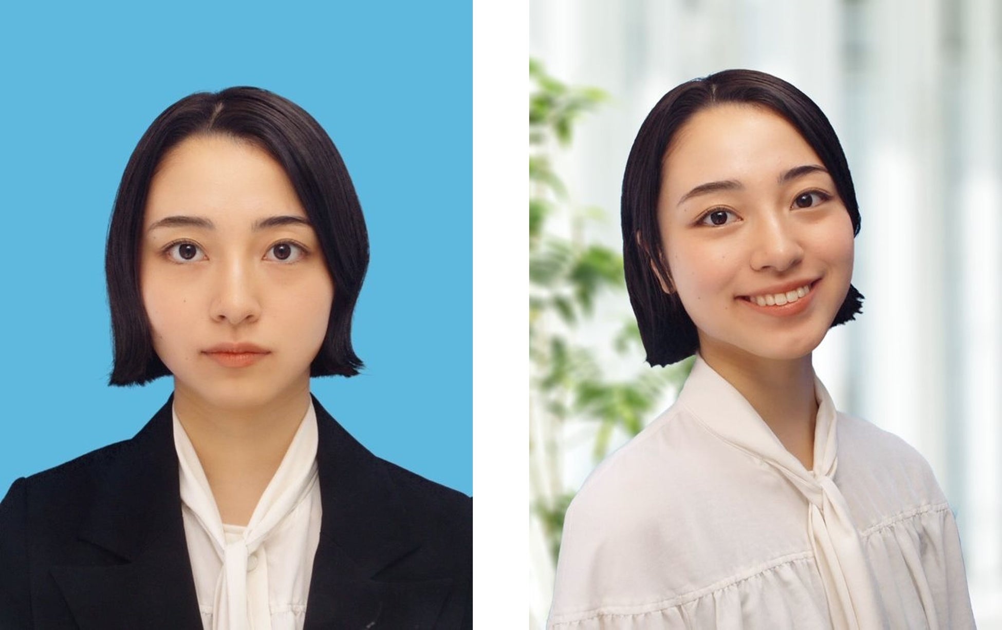 通常の証明写真例(左)と新サービスの撮影例(右)
