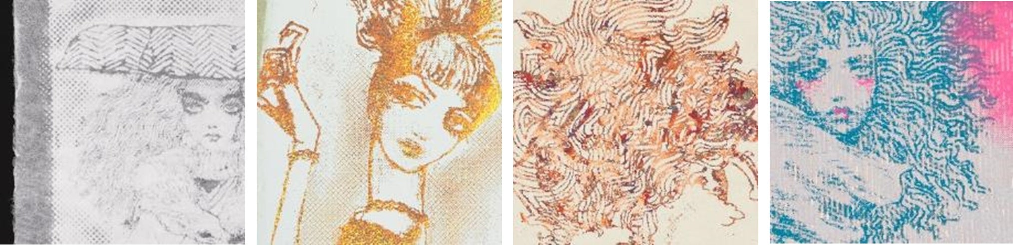  （左から、手漉き透かし和紙、箔押し、ギルディング、ホイルペーパーにシルクスクリーン印刷で制作した宇野作品）