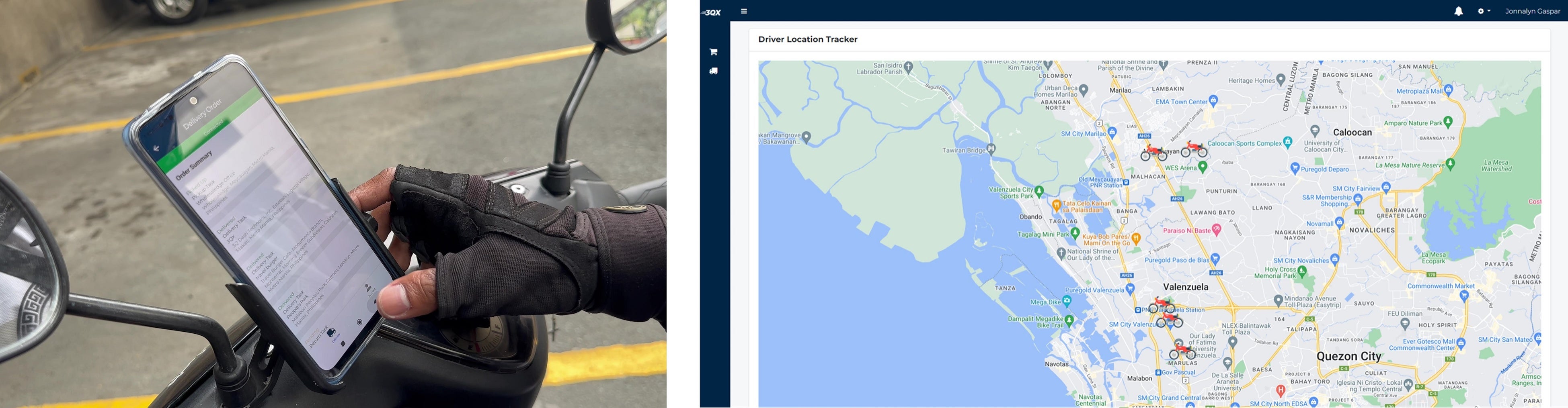 デジタル配送管理システム（左：配送ドライバーのスマートフォン画面　右：Web画面）
