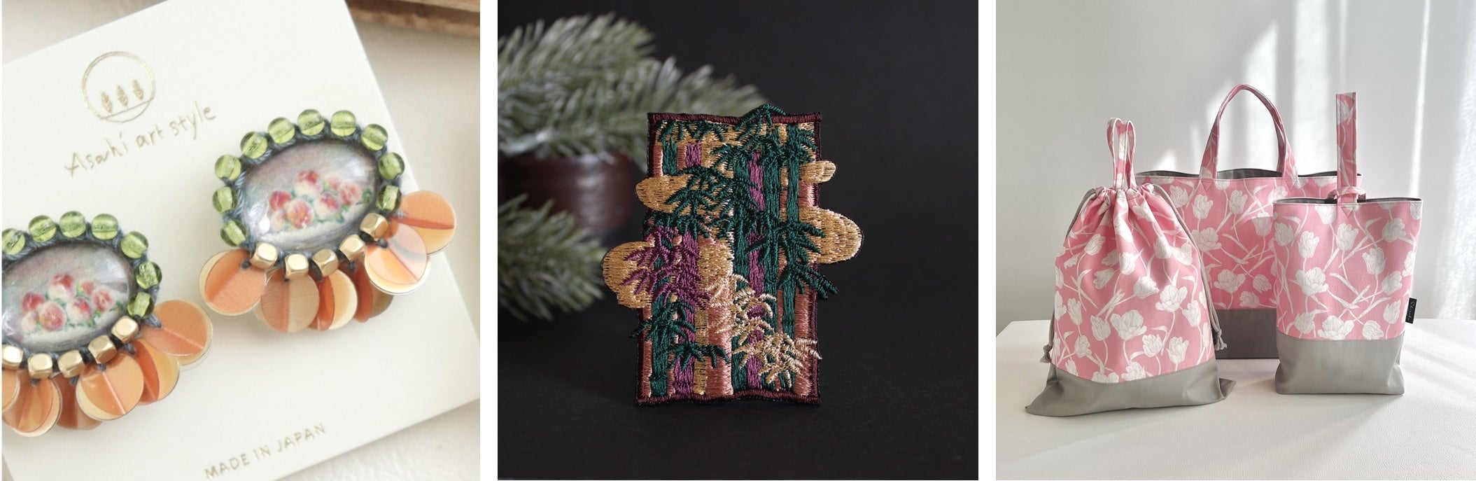 左：ルノワールの「桃」をもとにAsahi art styleさんが制作した作品　中：「竹図屏風（右隻）」をもとにamiさんが制作した作品　右：「Spring Blossom Delight-tulip 03」をもとにShizukuさんが制作した作品