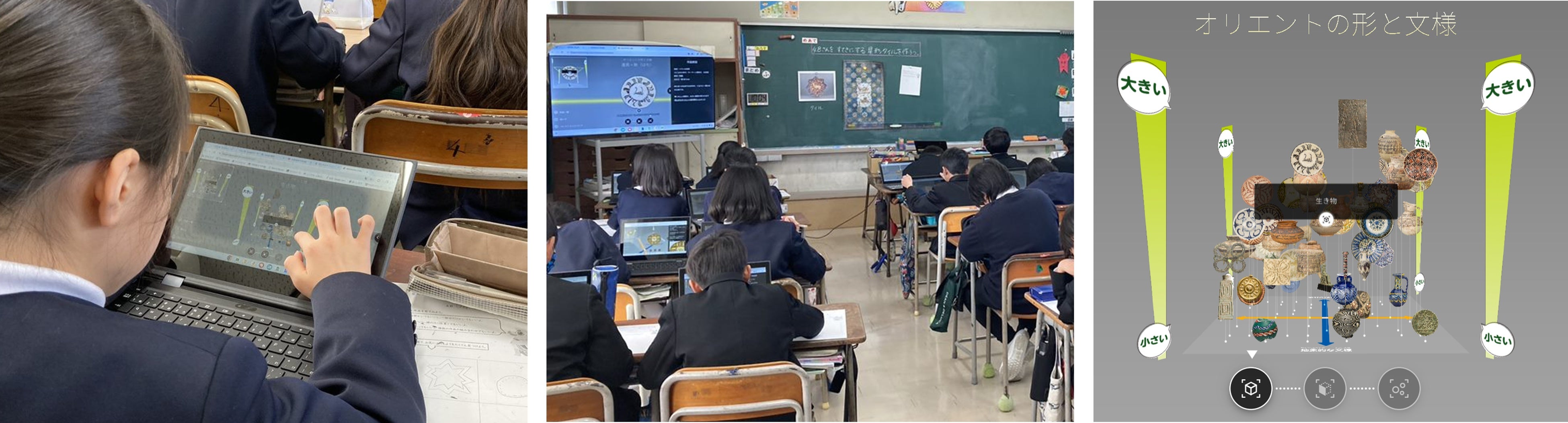 「みどころキューブ」を使った授業風景（左・中央）と画面イメージ（右）