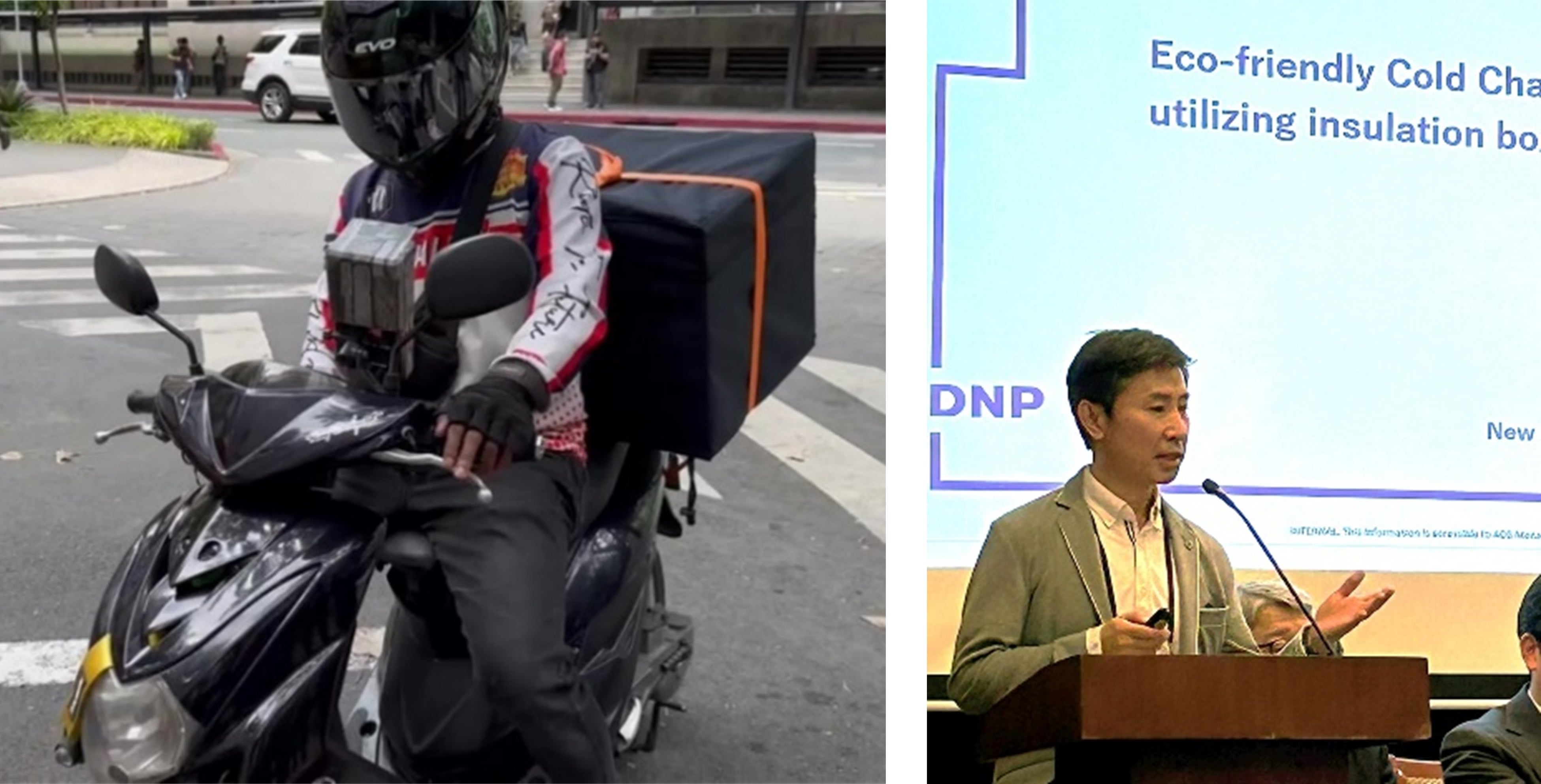 配送ドライバーのイメージ（左）、講演の様子（右）