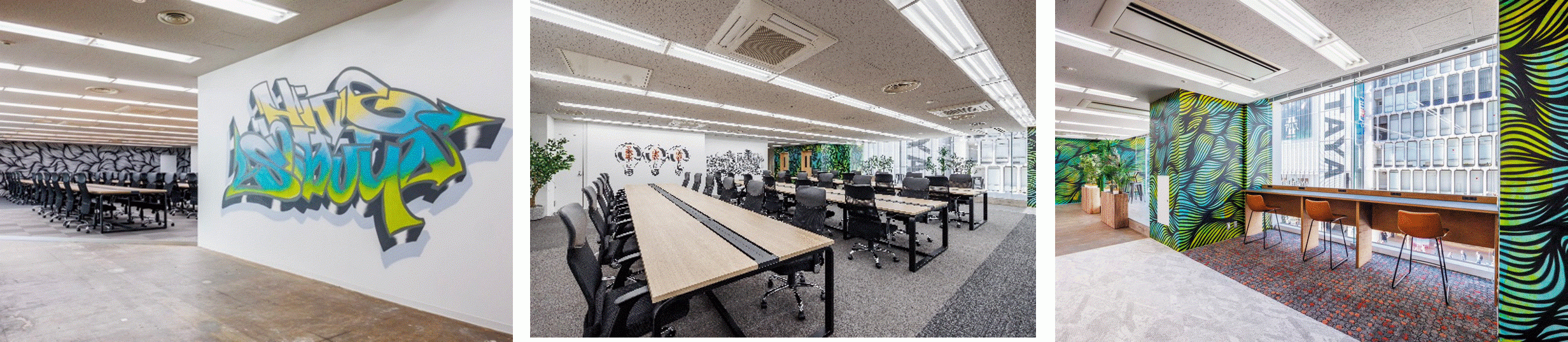 アーティスト「Jay Shogo（ジェイ ショウゴ）」氏とのコラボレーションにより誕生した「A SHIBUYA（エー シブヤ）」（東急渋谷駅前ビル3F）内にオープンした、スタートアップ向けシェアオフィス『Hive Shibuya（ハイブ シブヤ）』。