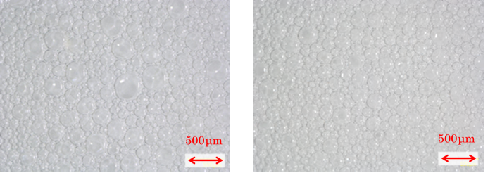 図1　泡質評価試験　泡吐出直後のマイクロスコープ画像(左から、多価アルコール無添加、加水分解水添デンプン使用)