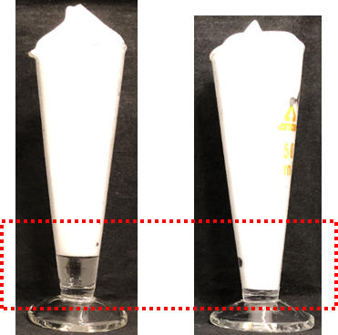 図2-2　排液量の測定　吐出5分後の泡写真(左から、多価アルコール無添加、加水分解水添デンプン使用)