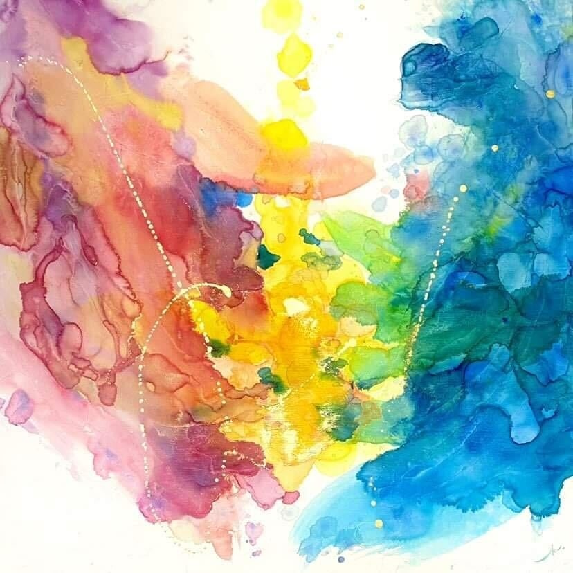 U-ku_《誕生》_2022年_水彩絵具、顔料、金箔、水性ジェッソ、木製パネル_h727×w727mm