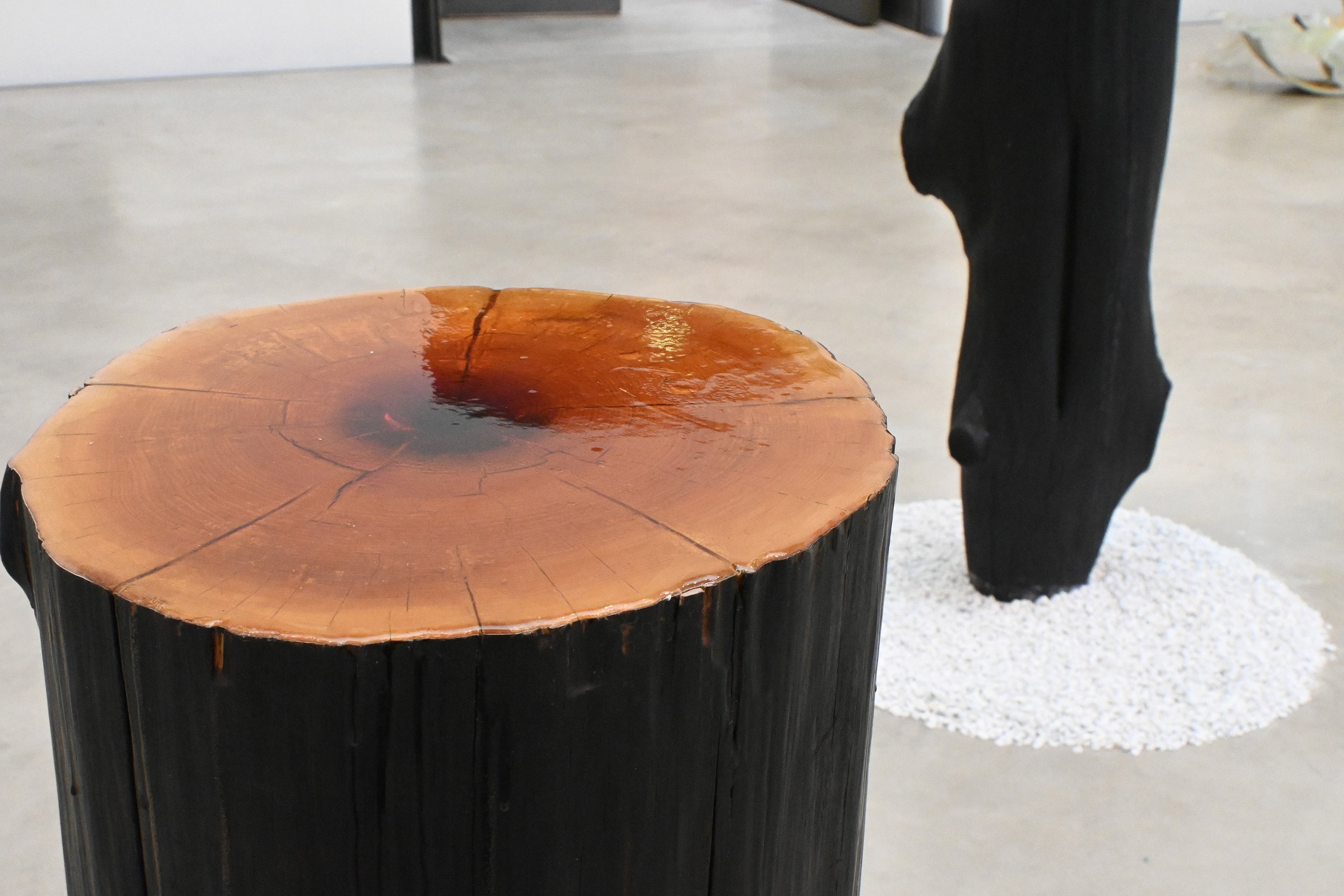 秋山美月「What makes us Nature」 2022年 木、コロフォニウム、エポキシ樹脂、砂利　インスタレーション