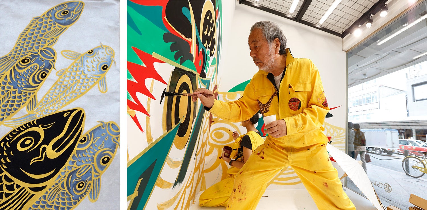 左:「Carp is Dragon in Heaven」 2023年、麻キャンバス、2000×700mm 右:木村英輝氏ポートレート