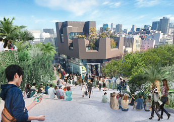 「ハラカド」の屋上イメージ （神宮前交差点を挟む「ハラカド」と「オモカド」）