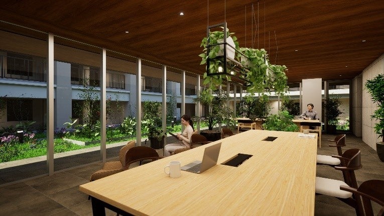 株式会社日比谷花壇監修のバイオフィリックデザインを 導入したラウンジ兼集会室（グリーンラウンジ）