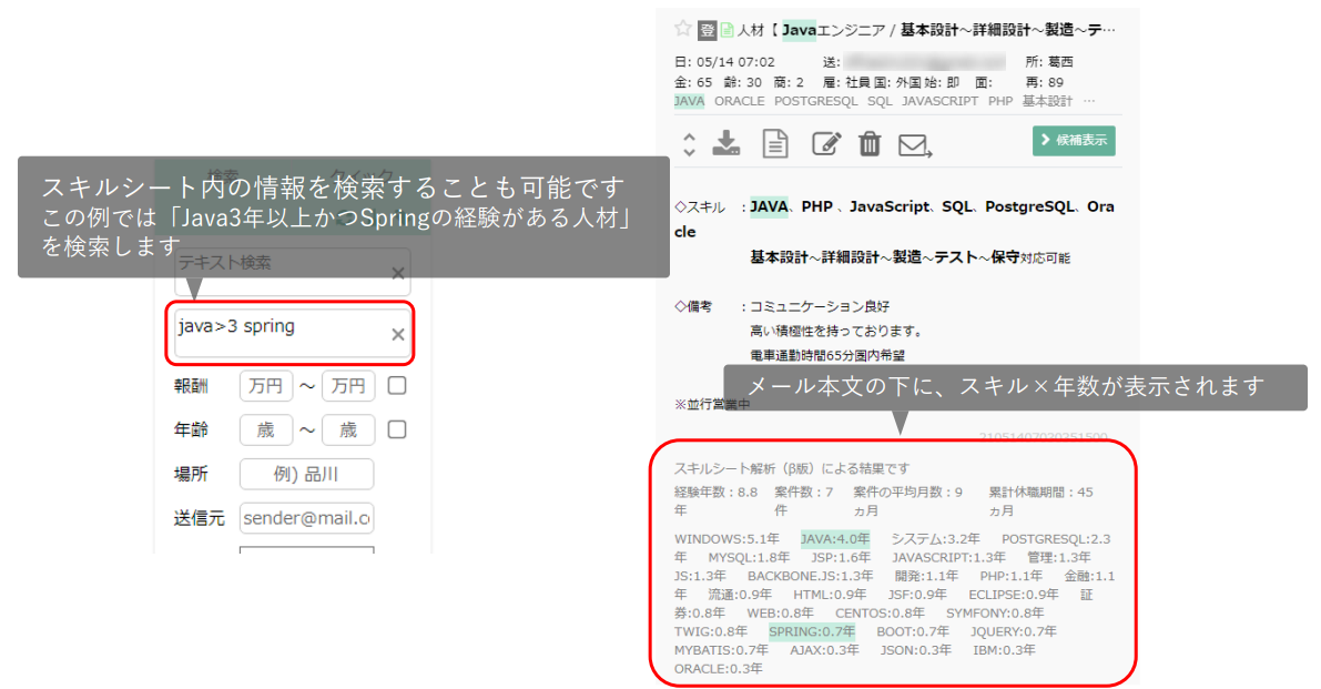 スキルシート解析・経験年数での検索