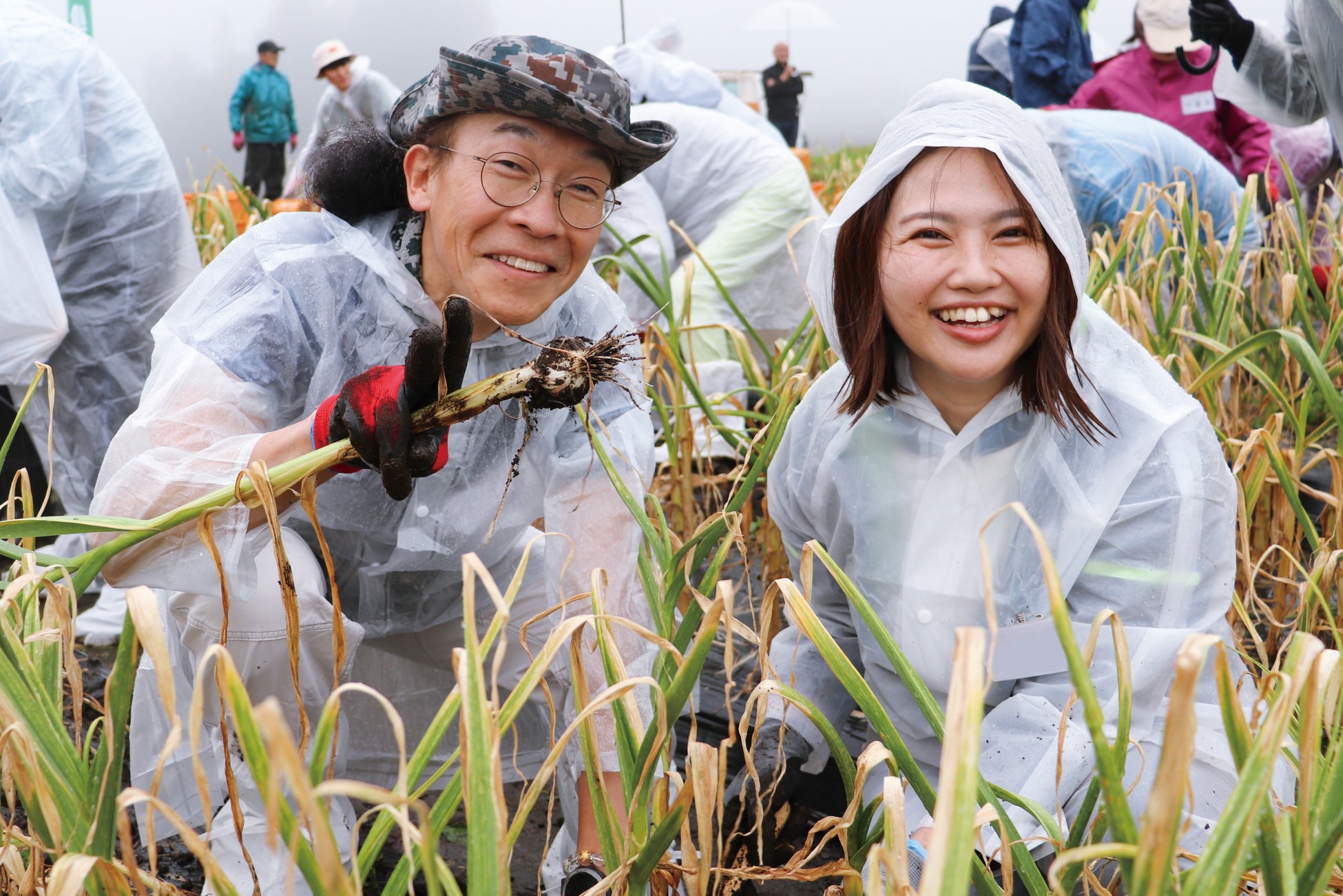 ▲有機「にんにく王」の収穫を体験する参加者と健康家族のスタッフ